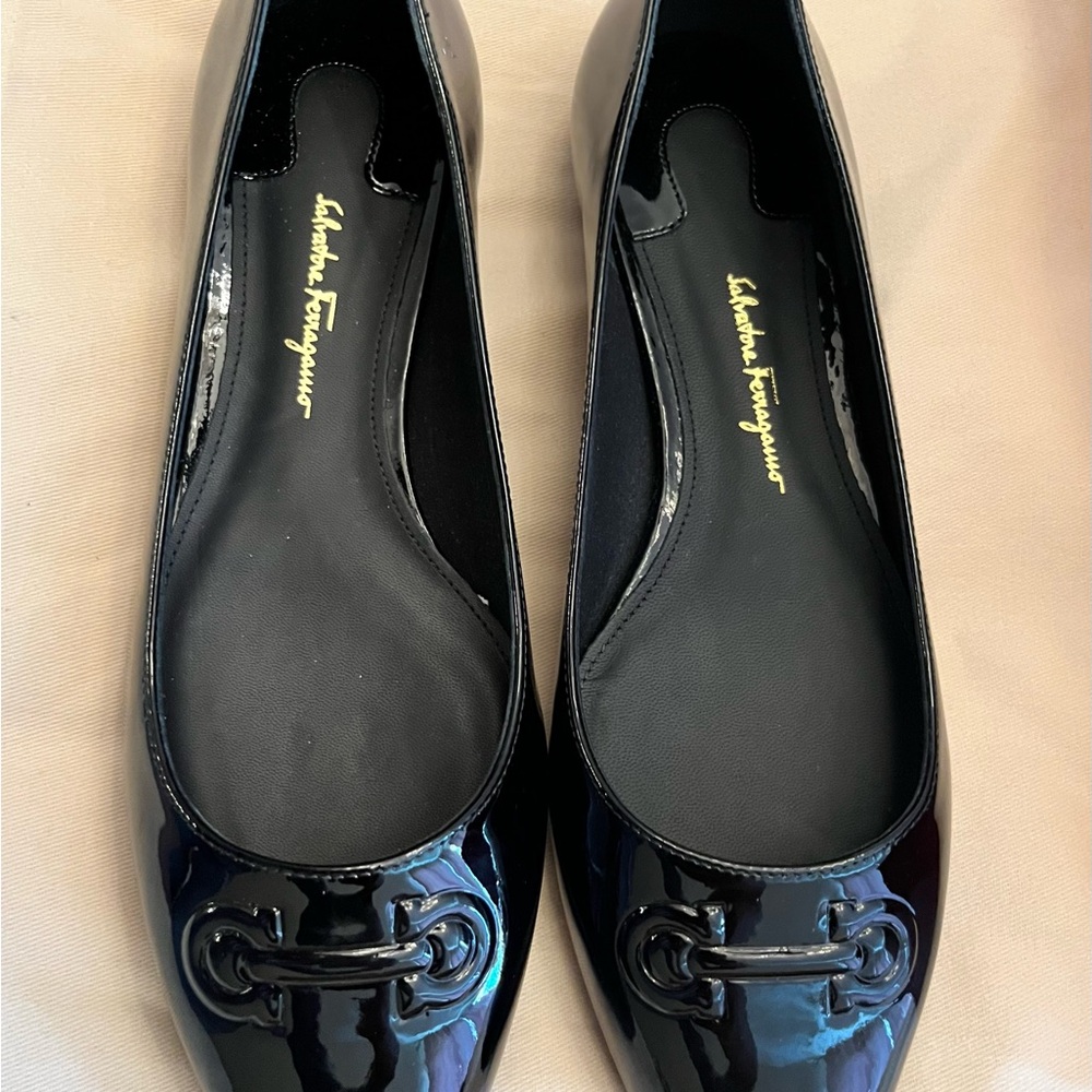 Salvatore Ferragamo Black Patent Leather Flats